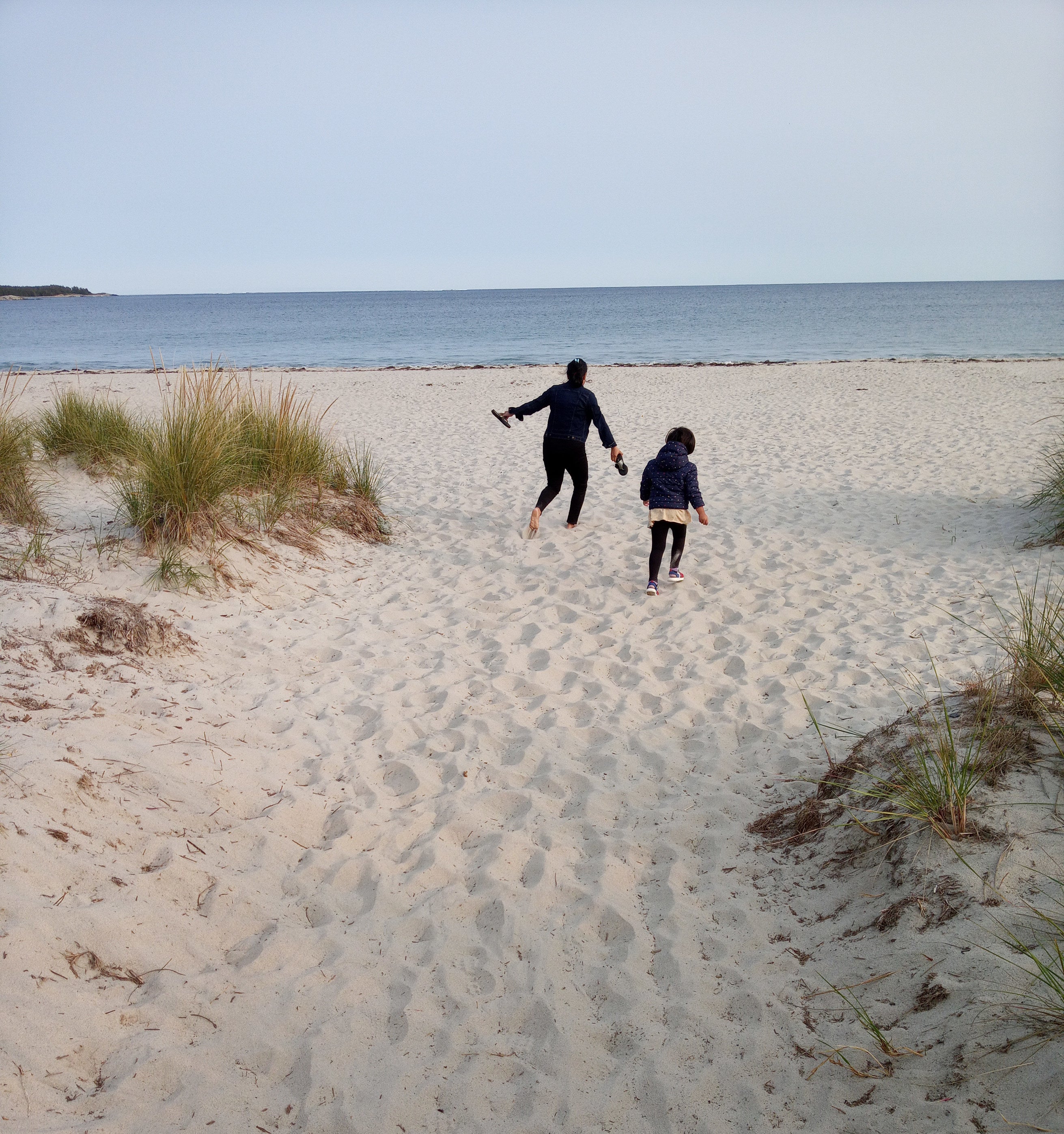Family running on a white sandy beach in Halifax