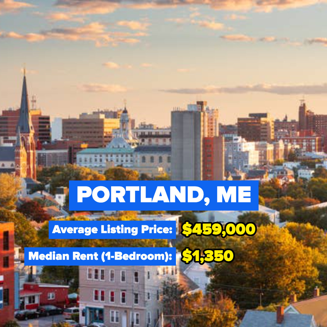 Portland, Maine — Average Listing Price: $459,000; Median Rent for a one-bedroom: $1,350