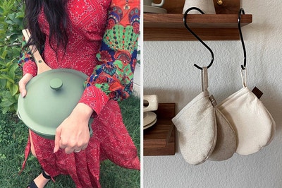 to the left: a green our place pan, to the right: neutral oven mitts