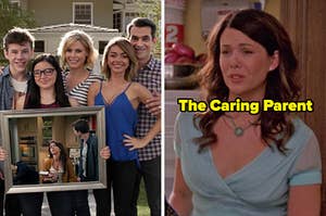 On the left, the Dunphy family from Modern Family smiling, and on the right, Lorelai from Gilmore Girls labeled the Caring Parent