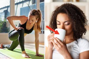 Person doing yoga and person drinking coffee