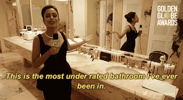 Gif of Liza Kosky saying &quot;this is the most underrated bathroom i&#x27;ve ever been in&quot;
