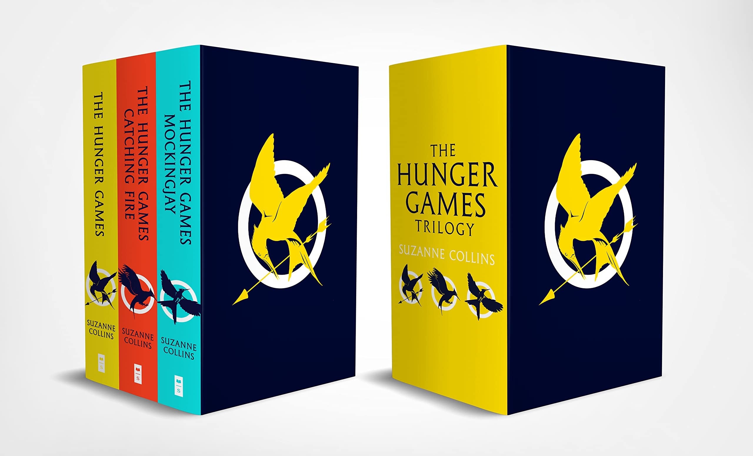 The box set of the Hunger Games books, One is yellow, one is orange and the other is blue. The box is dark blue with a yellow bird on it.