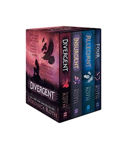 Four books in a box called &quot;Divergent&quot;, &quot;Insurgent&quot;, &quot;Allegiant&quot; and &quot;Four&quot;.