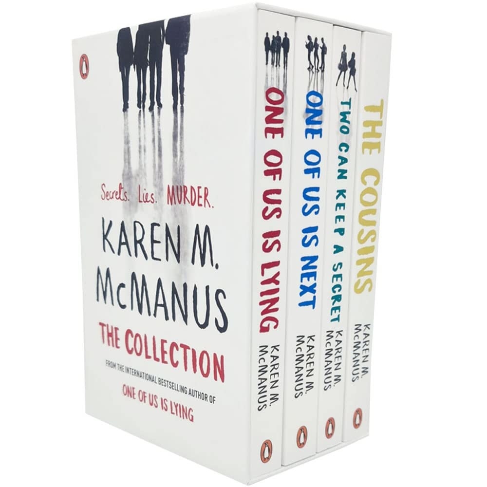 A white box set of books, one has yellow writing, one has green writing, one has blue, and the last one has red writing.