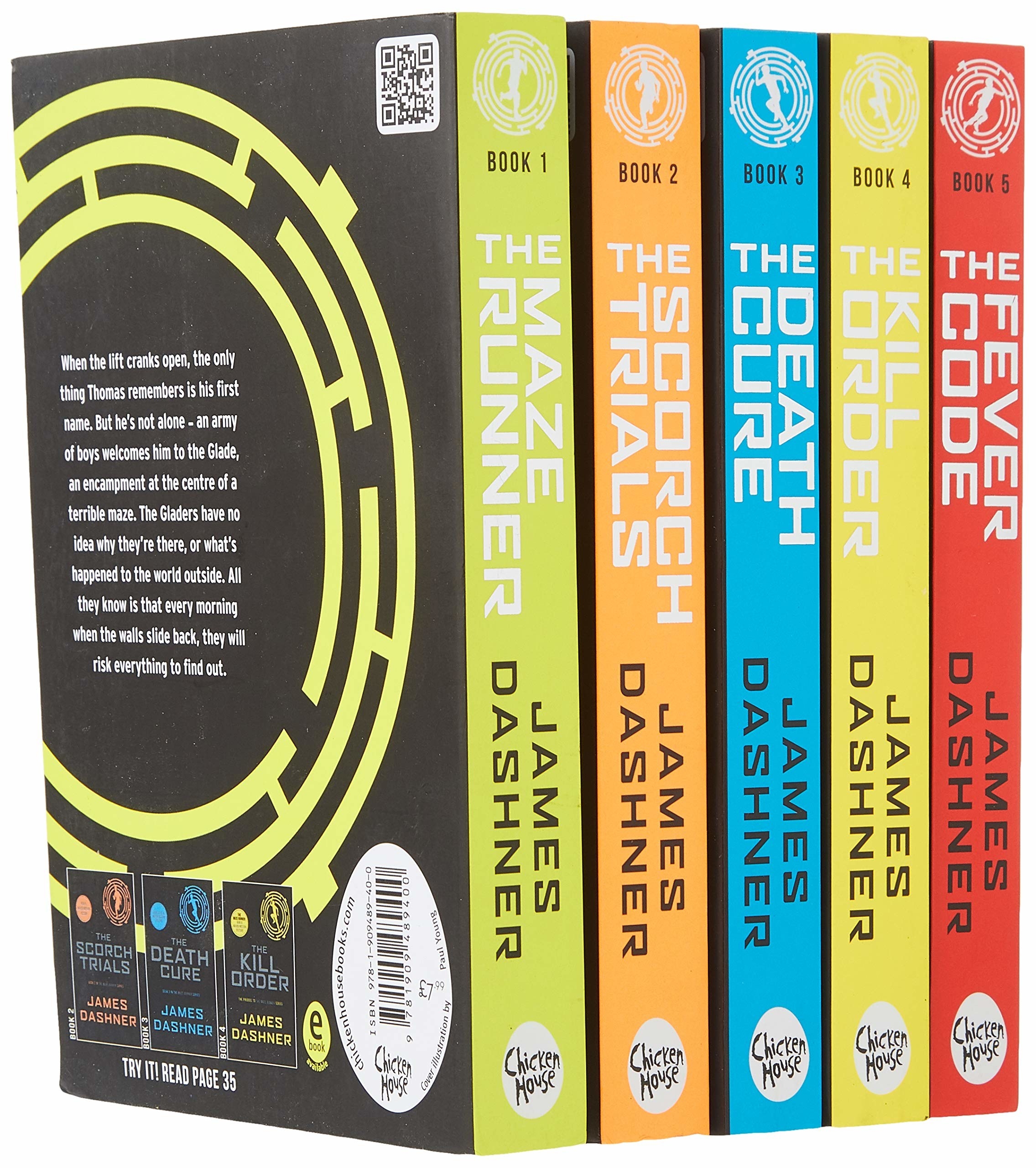Five book series, all with a black cover and the spines are green, orange, blue, yellow, and red.