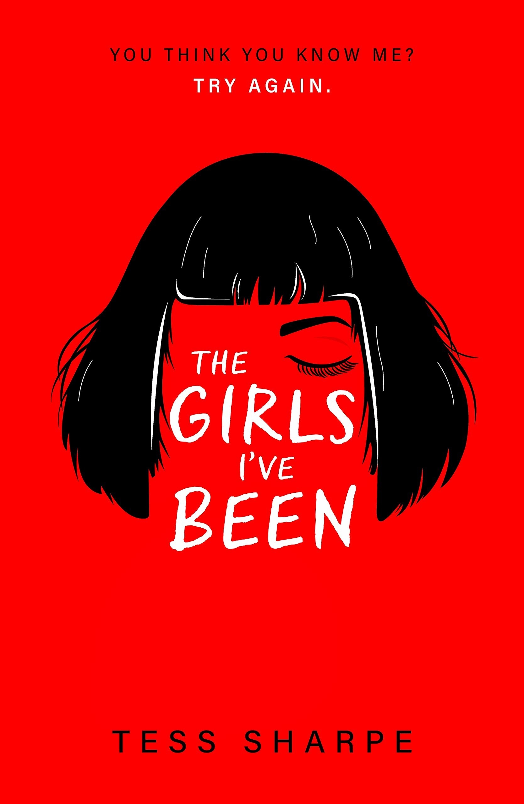 Red book cover with a black shadow shaped like a girls head of hair, and one closed eye. The title of the book is in black under the image.