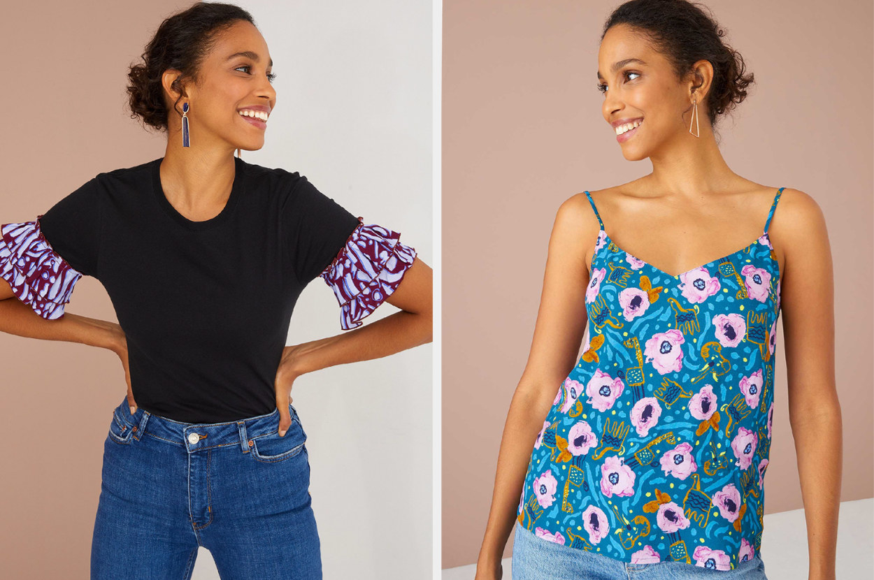 Model wearing black t-shirt with purple and blue ruffled sleeves, model wearing blue, pink, orange, and green floral camisole