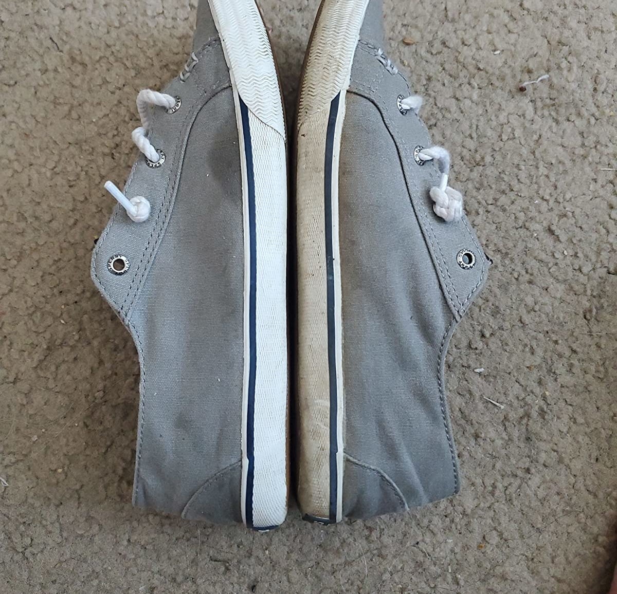 a reviewer photo of a clean sneaker on the left and a dirty sneaker on the right