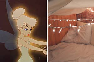 tinkerbell on the left and a bed with fairy lights on the right