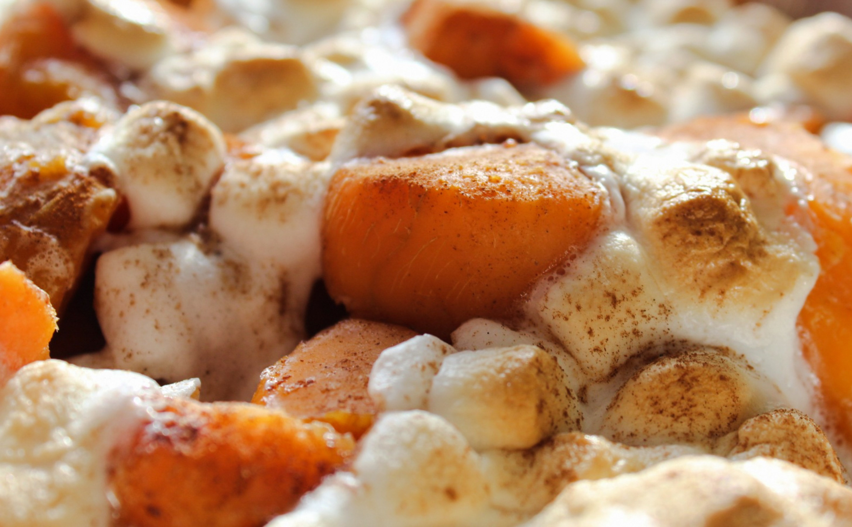 Close up of sweet potatoes with cinnamon and marshmallows.