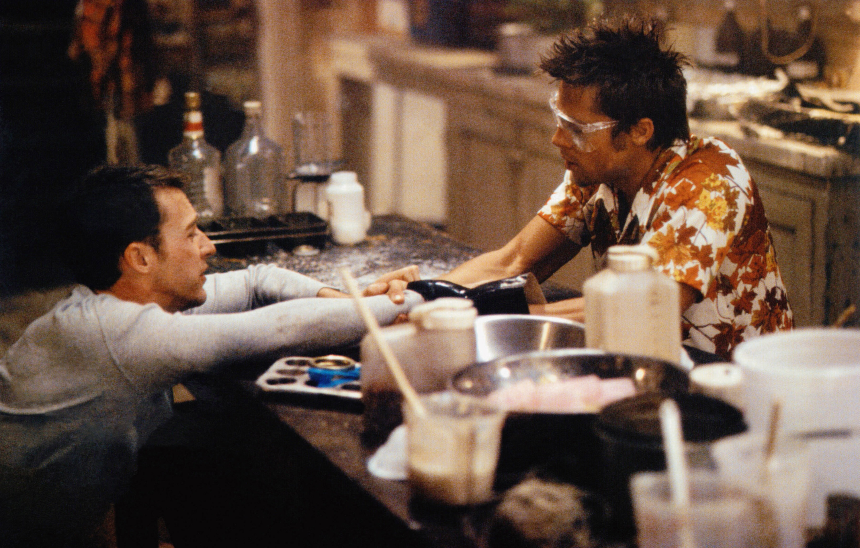 Edward Norton and Brad Pitt share a scene in Fight Club
