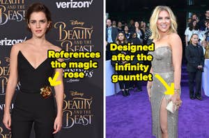 Emma Watson with a rose pin at the "Beauty and the Beast" premiere next to Scarlett Johansson wearing rings inspired by the infinity gauntlet