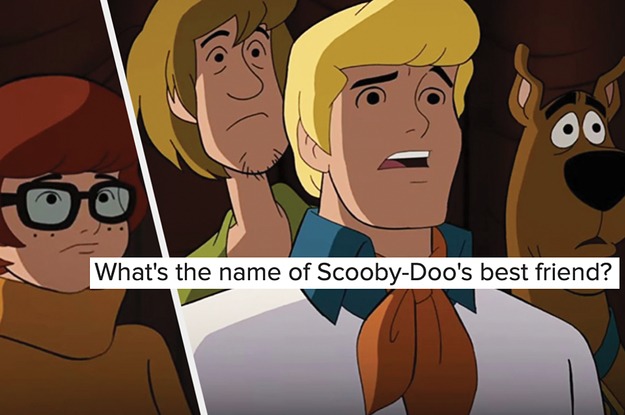 Velma, Shaggy, Fred, and Scooby-Doo stand next to each other in a group