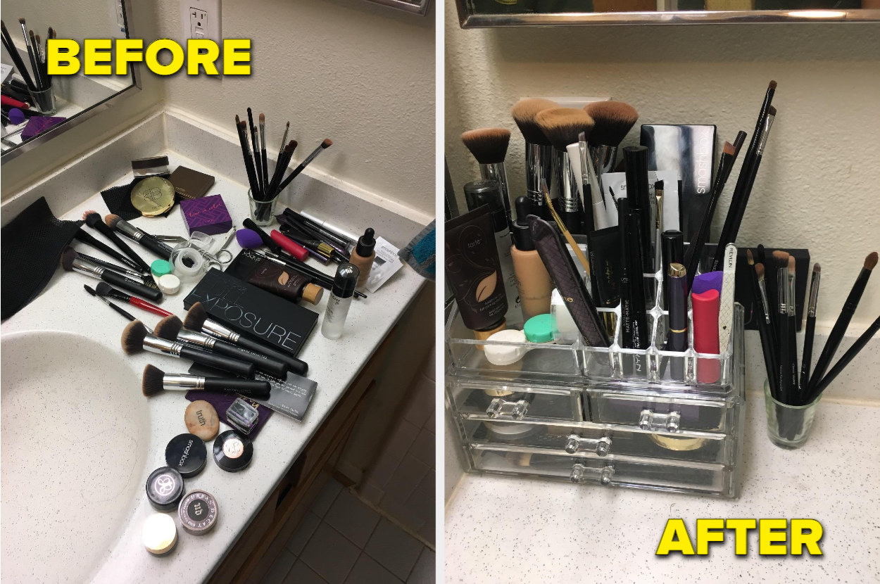left: reviewer shows their makeup scattered on the bathroom counter looking cluttered / right: shows all their makeup placed in the organizer looking much neater