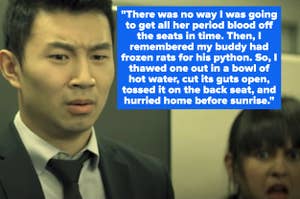Simu Liu has a shocked face in the music video for "I Could Be The One"