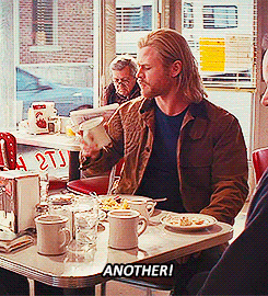 Thor throwing down his coffee mug and yelling &quot;another!&quot;