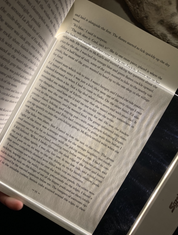 reviewer holding a book with the light over the open page