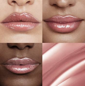 Quad-photo of three models' lips with product next to a photo of the product's smooth texture