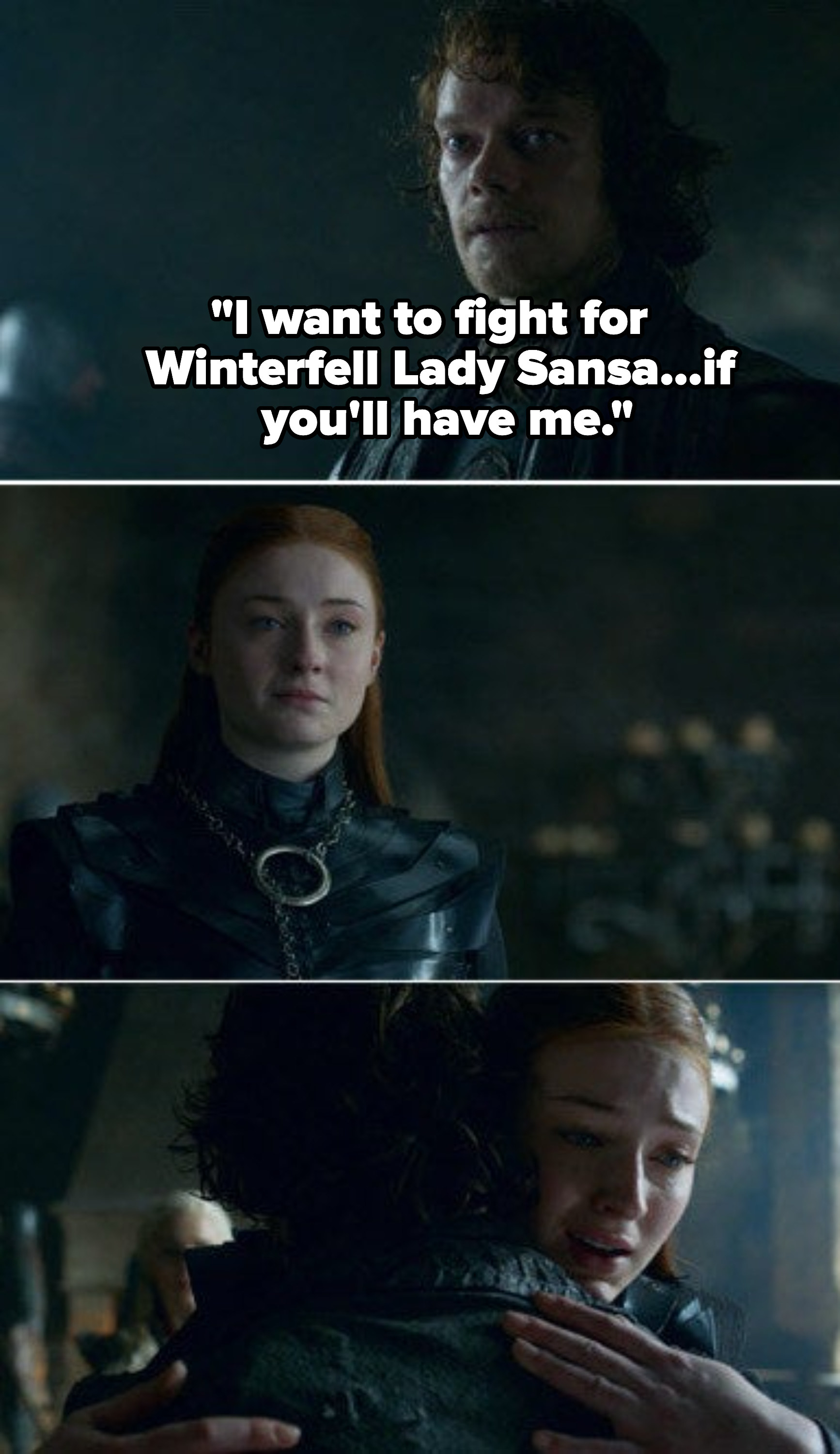 Sansa and Theon reuniting and hugging