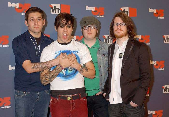 Fall Out Boy Members Patrick Stump, Joe Trohman, Pete Wentz, and Andy Hurley pose at a VH1 event