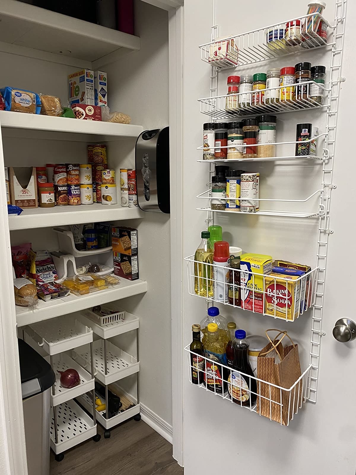 a reviewer's pantry closet with the six-tier organizer on the door