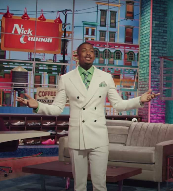 Nick Cannon is seen in front of his audience during his talk show&#x27;s opening credits