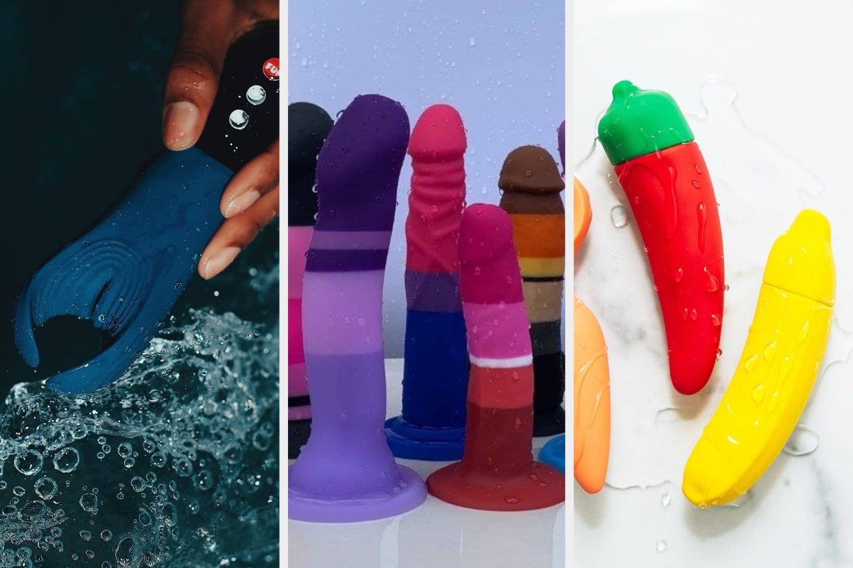 Model holding wet teal vibrating stroker, wet assorted dildos and wet chili and banana pepper vibrators
