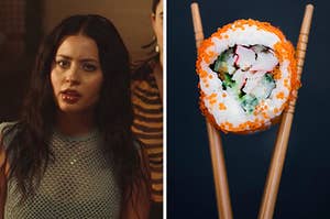 On the left, Maddy from Euphoria furrowing her brows in anger, and on the right, a sushi roll in between a pair of chopsticks