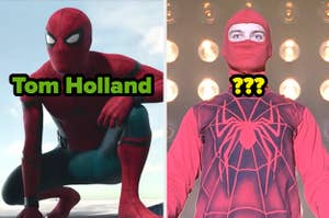 Two Spider-Men labeled "Tom Holland" and "???"