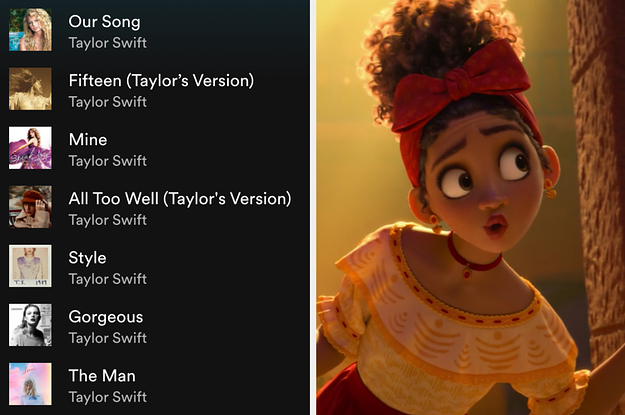 On the left, a Taylor Swift Spotify playlist, and on the right, Dolores from Encanto