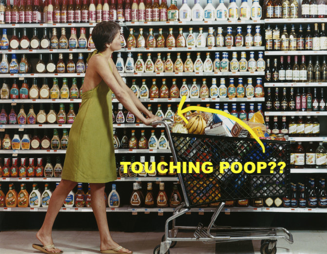 A woman pushing a shopping cart with an arrow next to her hands asking "touching poop"