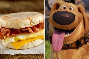 breakfast sandwich and a dog