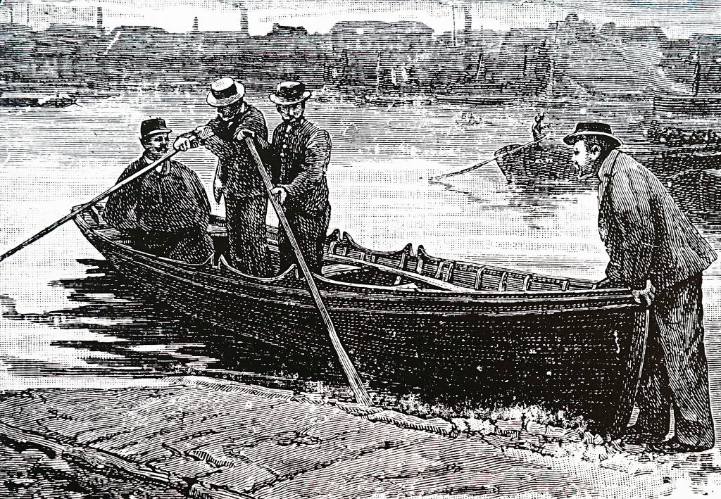 llustration depicting Thames policemen embarking for a river patrol