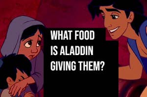 Aladdin hands a blacked out food to two people and text asks what food it is