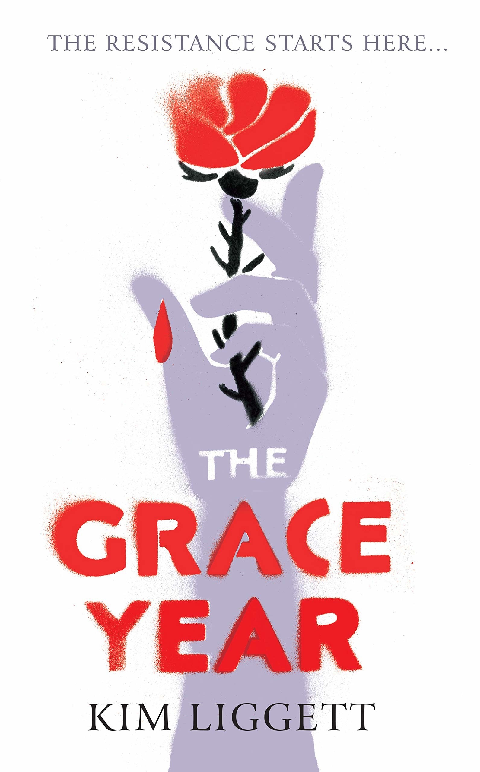 A white book cover, with a purple shadow of a hand and arm holding a red rose. There is a droplet of blood coming fron the thumb, and in red letters it says the title.
