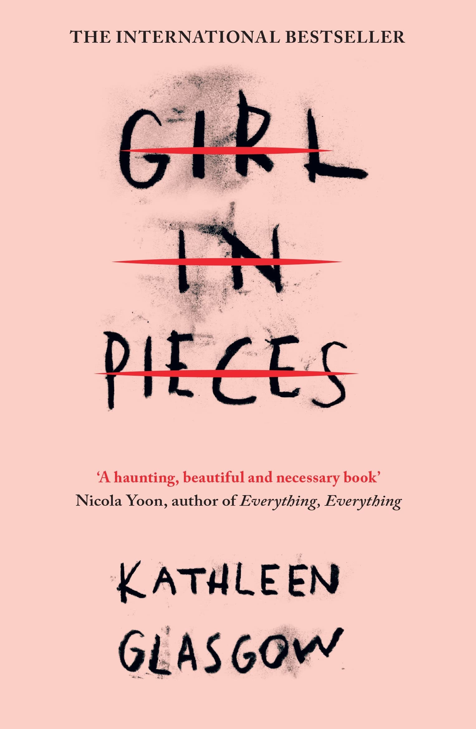 A light pink book cover with the title in black messy capitol letters and red lines going through each word.