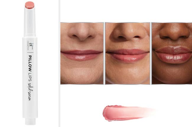 Stick of lip serum next to three models' lips wearing the product