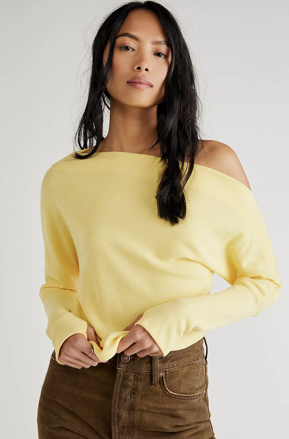 Model wearing yellow long sleeve thermal