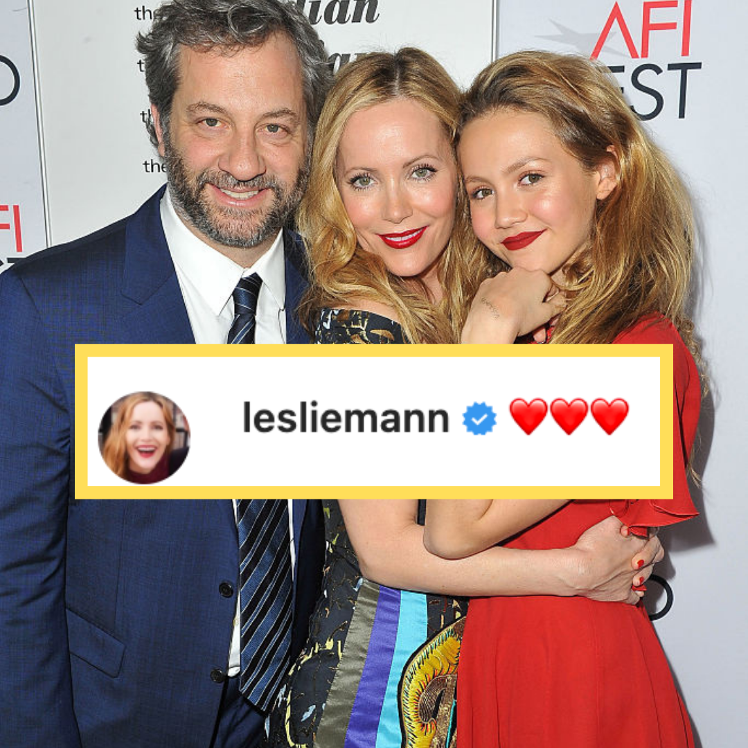 Judd Apatow, Leslie Mann, and their daughter Iris Apatow taking a red carpet photo