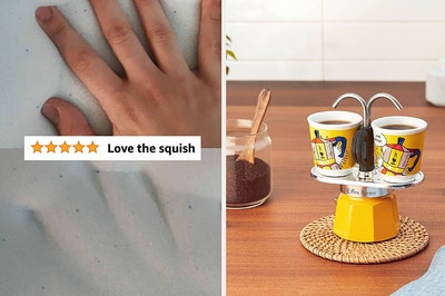 A reviewer's hand imprint with text "love the squish" / a double espresso maker