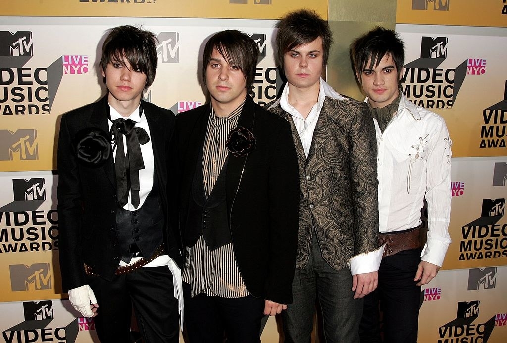 Musicians Ryan Ross, Jon Walker, Spencer Smith, and Brendon Urie of Panic! at the Disco attend the 2006 MTV Video Music Awards at Radio City Music Hall