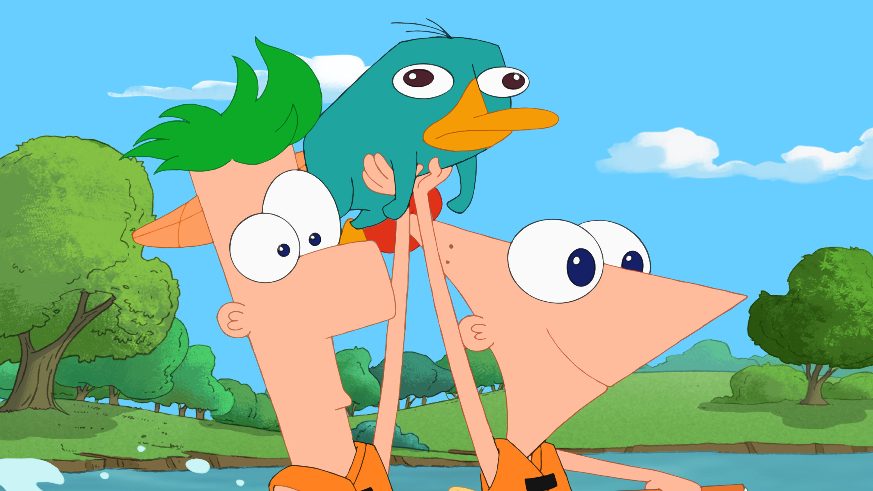 Phineas and Ferb hold up their platypus