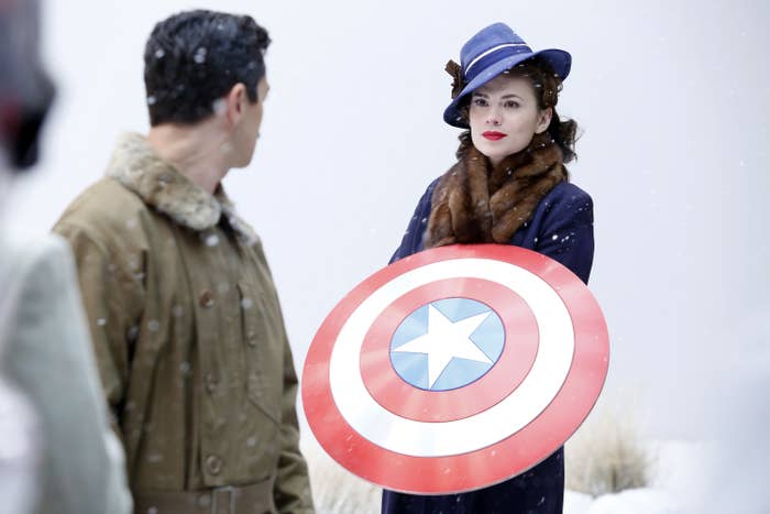 Hayley Atwell holds Captain America&#x27;s shield