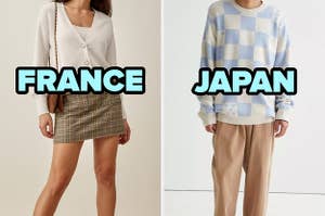 On the left, someone wearing a plaid mini skirt, a tank top and a matching cardigan labeled France, and on the right, someone wearing joggers and a checked patterned sweater labeled Japan