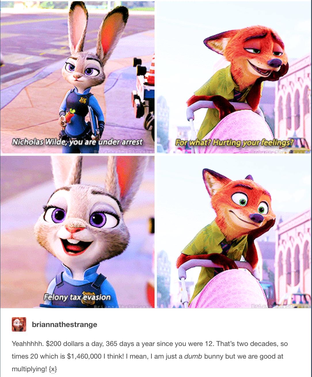A scene from Zootopia where Judy arrests Nick for tax evasion