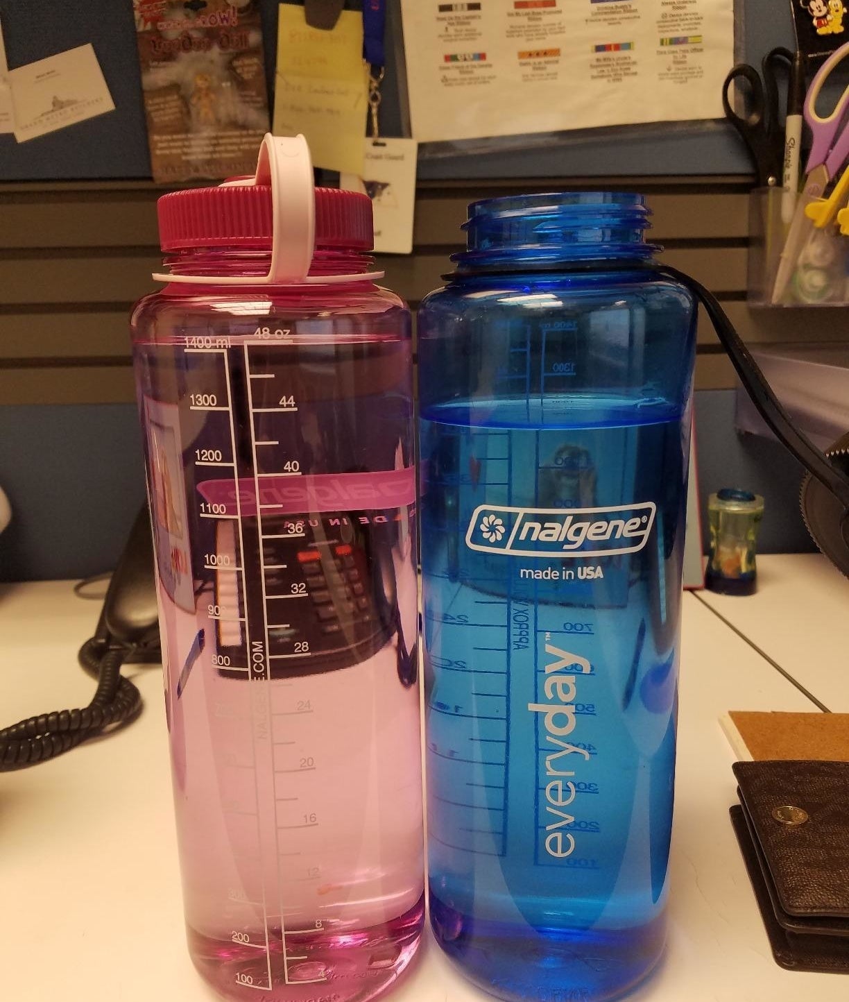 reivewer photo of two of the water bottles in pink and blue