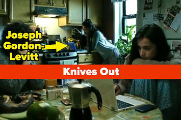 A scene from Knives Out with an arrow to a computer that says, "Joseph Gordon-Levitt"
