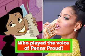 Penny is on the phone on the left with Keke Palmer on the right on the phone, and a caption: "Who played the voice of Penny Proud?"