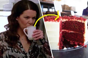 A close up of Lorelai Gilmore as she drinks a cup of coffee and a red velvet cake with a slice cut out